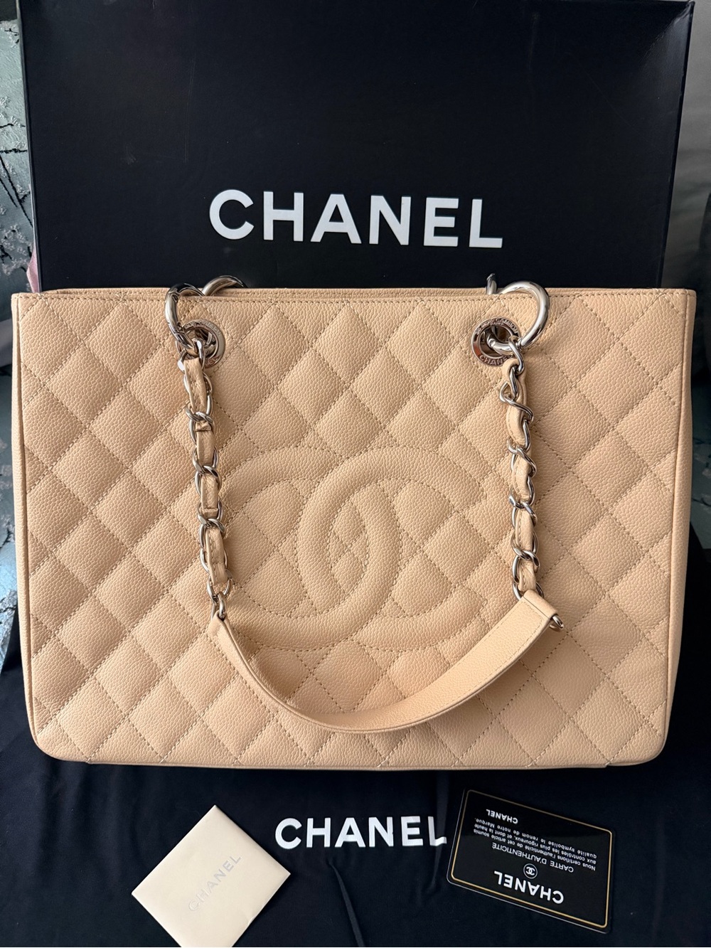 CHANEL GST Beige Caviar Leather Chain Tote